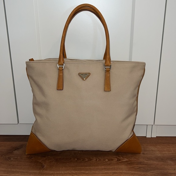 Authentic PRADA Vintage Canvas Leather Nappa Shoulder Tote Bag Beige Leather - Picture 6 of 10